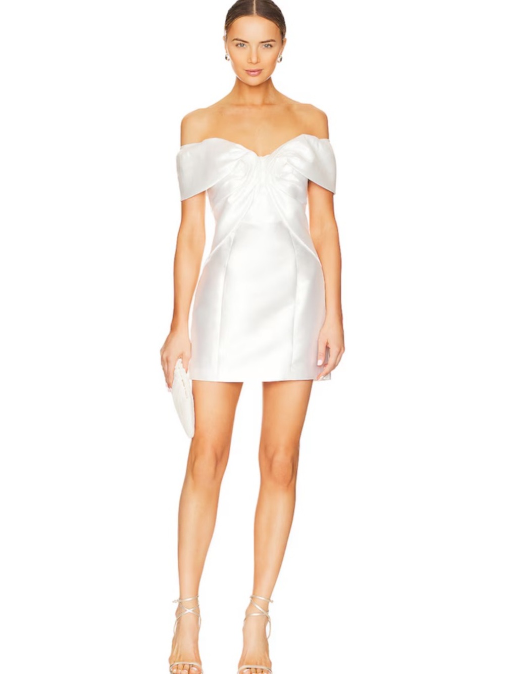 Off-Shoulder White Satin Mini Dress - Picture 4 of 16